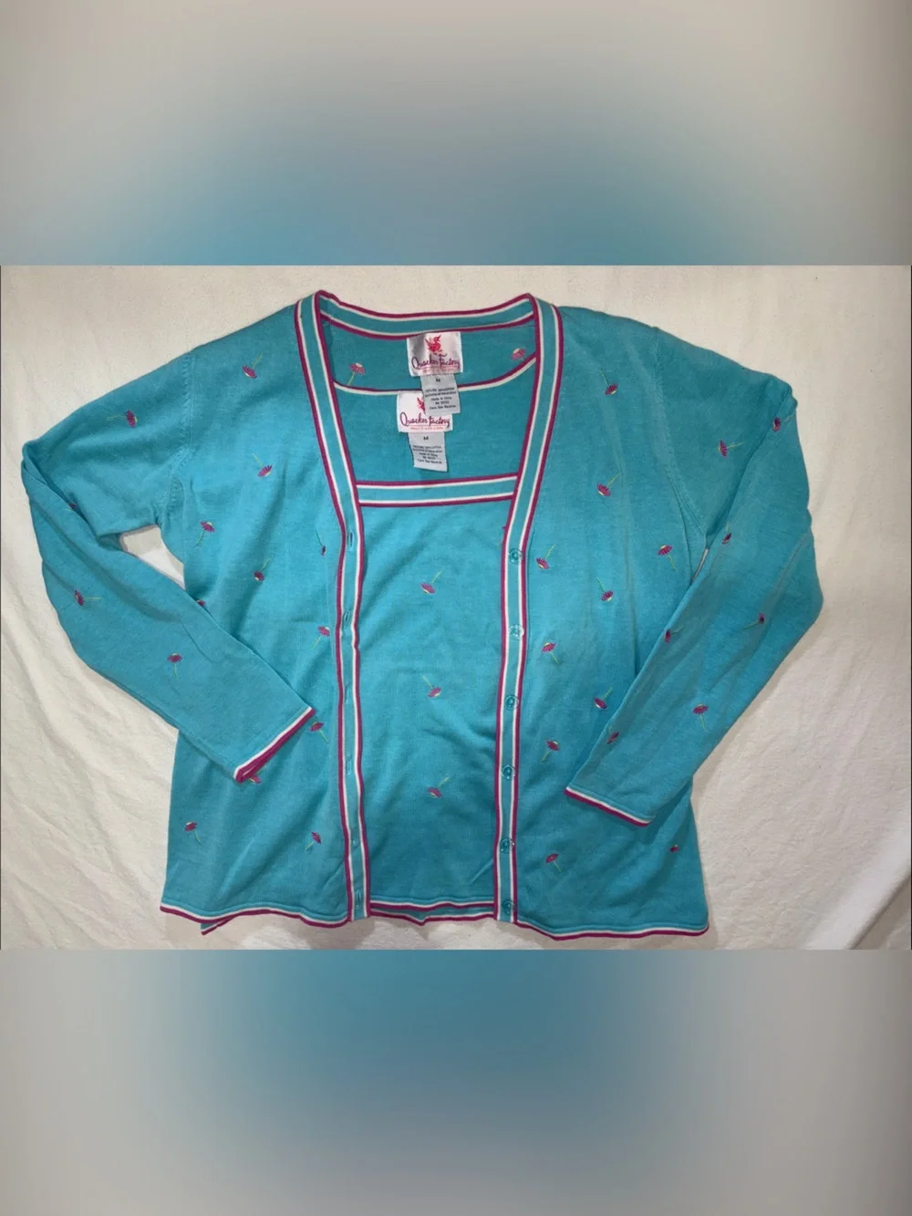 Vintage Quacker Factory Teal Floral Knit Sweater Vest Cardigan Set M